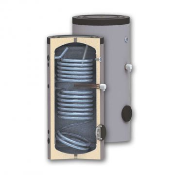 Boiler 200 litri cu 2 serpentine SUNSYSTEM SON  200, pentru centrala termica si solar, montaj pe sol, izolatie  termica, manta de protectie , flansa de vizitare, emailat cu titan