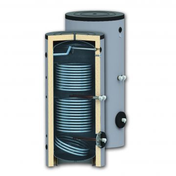 Boiler 300 litri cu 2 serpentine SUNSYSTEM SON  300, montaj pe sol, izolatie  termica, manta de protectie , flansa de vizitare, emailat cu titan