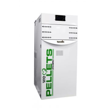 Centrala termica pe peleti Fornello Lidya Compact 25 kw, echipata cu pompa electronica Grundfos, vas expansiune, manometru, aerisitor, supapa, arzator inox, curatare mecanica arzator, curatare mecanica schimbator, A+