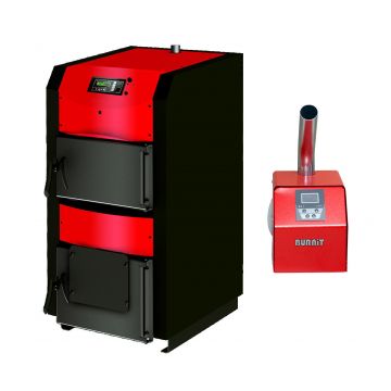 Pachet centrala mixta combustibil solid si peleti Sunsystem Burnit NWB PRIME 90 kw, cu ventilator, automatizare, si arzator Peleti Pell Eco 70 kw, snec, aprindere automata