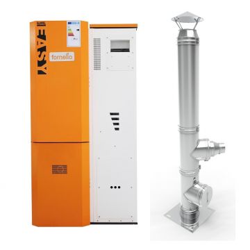 Pachet Centrala pe peleti  Fornello Slimpel Easy 25 kw, arzator inox, pompa de circulatie, tiraj fortat 80 mm, pompa electronica Grundfos, sistem curatare mecanica, A+, Cos inox 6 ml 120 mm