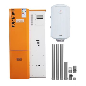 Pachet Centrala pe peleti Fornello Slimpell Easy 25 kw, arzator inox, pompa de circulatie, pompa electronica Grundfos, A+,  Boiler Termoelectric Fornello 100l, kit evacuare 100 mm, 3,5 metri si reductie 100 -120 mm