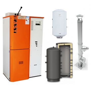 Pachet Centrala pe peleti Fornello Slimpell Easy 40 kw, arzator din inox, pompa de circulatie, tiraj fortat, buncar 88 kg, Ecodesign A+, Puffer P 500l, Cos inox 6 ml 120 mm, Boiler Termoelectric Fornello 100l