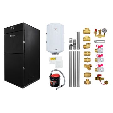 Pachet Centrala peleti Fornello Pellet King 25 kw, complet echipata pentru  incalzire,  pompa circulatie, vas  expansiune,  automatizare, kit evacuare 3.5 ml, Boiler Termoelectric Fornello 100 l, Termostat Salus 091FLRFV2, Aspirator si kit montaj
