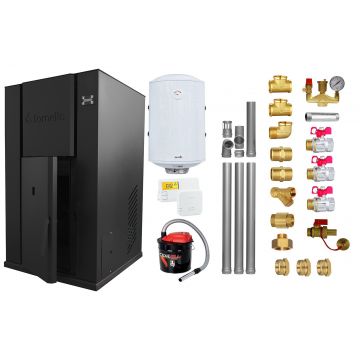 Pachet Centrala peleti Fornello Pellet King 40 kw, complet echipata pentru incalzire, pompa circulatie, vas expansiune, automatizare, kit evacuare 3.5 ml, Boiler Termoelectric Fornello 100 l, Termostat Salus 091FLRFV2, Aspirator si kit montaj