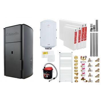 Pachet Centrala peleti Fornello Royal B 25 kw, complet echipata pentru  incalzire,  pompa circulatie, vas  expansiune,  automatizare, kit evacuare 3.5 ml, Boiler Termoelectric Fornello 100 l, Termostat Salus 091FLRFV2, Aspirator, Radiatoare si kit mo