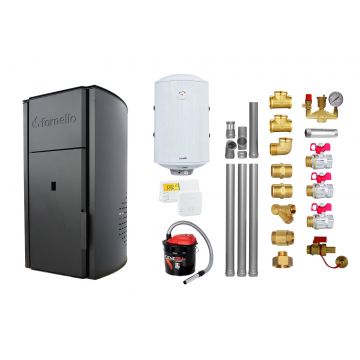 Pachet Centrala peleti Fornello Royal B 25 kw, complet echipata pentru  incalzire,  pompa circulatie, vas  expansiune,  automatizare, kit evacuare 3.5 ml, Boiler Termoelectric Fornello 100 l, Termostat Salus 091FLRFV2, Aspirator si kit montaj