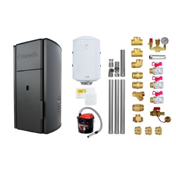 Pachet Centrala peleti Fornello Royal Black 30 kw, complet echipata pentru incalzire, pompa circulatie, vas expansiune, automatizare, kit evacuare 3.5 ml, Boiler Termoelectric Fornello 100 l, Termostat Salus 091FLRFV2, Aspirator si kit montaj