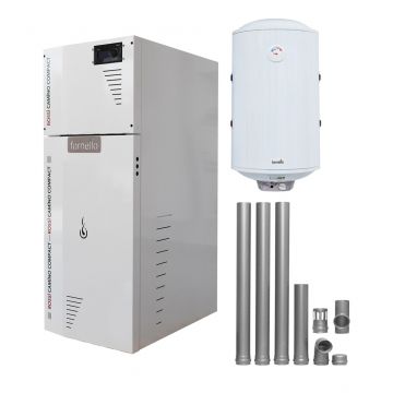 Pachet Centrala termica compacta pe peleti Fornello Rossi Camino Compact 25 kw, pompa de circulatie, vas expansiune, tiraj fortat, Ecodesign, A+, Boiler Termoelectric Fornello 100l si kit evacuare 80 mm, 3,5 metri