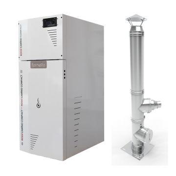 Pachet Centrala termica compacta pe peleti Fornello Rossi Camino Compact 35 kw, pompa de circulatie, vas expansiune, tiraj fortat,Ecodesign, A+, Cos inox 6 ml 120 mm