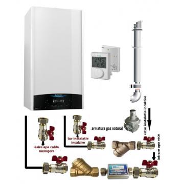 Pachet centrala termica in condensare Ariston Genus One+ 30 EU 30 kW, termostat si pachet instalare centrala termica murala,care contine toti robinetii si filtrele pentru un montaj corespunzator