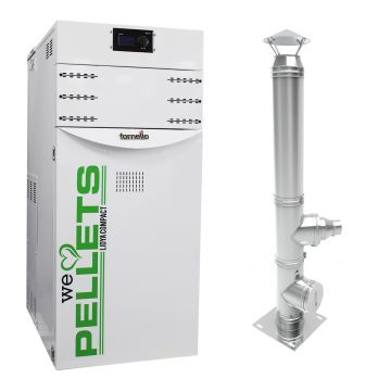Pachet Centrala termica pe peleti Fornello Lidya Compact 25 kw, echipata cu pompa electronica Grundfos, vas expansiune, manometru, aerisitor, supapa, arzator inox, A+, Cos inox 6 ml 120 mm