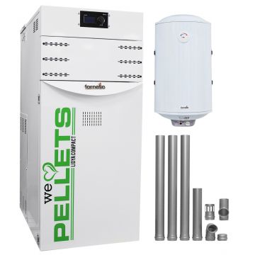 Pachet Centrala termica pe peleti Fornello Lidya Compact 25 kw, echipata cu pompa electronica Grundfos, vas expansiune, manometru, aerisitor, supapa, arzator inox, A+, Cos inox 6 ml 120 mm