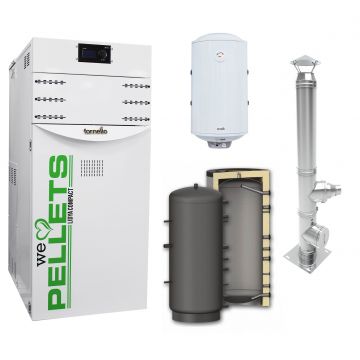 Pachet Centrala termica pe peleti Fornello Lidya Compact 25 kw, echipata cu pompa electronica Grundfos, vas expansiune, manometru, aerisitor, supapa, arzator inox, A+, Puffer P 500l, Cos inox 6 ml 120 mm, Boiler Termoelectric Fornello 10