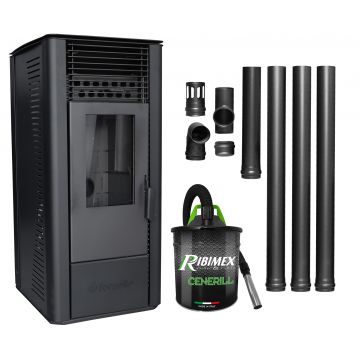 Pachet Semineu soba pe peleti cu aer cald, Fornello Sophia Premium 11 kw, aprindere  electrica, tiraj fortat, telecomanda, culoare  Black, recomandat pentru  110 mp, focar din fonta, capacitate buncar 22 kg, Kit evacuare 3.5 ml si Aspirator Cenusa