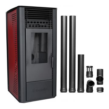 Pachet Semineu soba pe peleti cu tiraj fortat Fornello Sophia Premium 11 kw, aprindere electrica, telecomanda, culoare Bordeaux, recomandat pentru  110 mp, focar din fonta, capacitate buncar 22 kg, Kit Evacuare 2.5 ml
