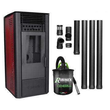 Pachet Semineu soba pe peleti cu tiraj fortat Fornello Sophia Premium 11 kw, aprindere electrica, telecomanda, culoare Bordeaux, recomandat pentru  110 mp, focar din fonta, capacitate buncar 22 kg, Kit Evacuare 3.5 ml si Aspirator cenusa