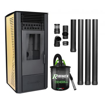 Pachet Semineu soba pe peleti cu tiraj fortat Fornello Sophia Premium 11 kw, aprindere electrica, telecomanda, culoare Ivory, recomandat pentru  110 mp, focar din fonta, capacitate buncar 22 kg, Kit Evacuare 3.5 ml si Aspirator cenusa