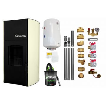 Pachet Termosemineu peleti Fiama Avorio 25 kw, pompa circulatie, vas expansiune, automatizare, kit evacuare 3.5 ml, Boiler Termoelectric Fornello 100 l, Termostat Salus 091FLRFV2, Aspirator si kit montaj