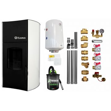 Pachet Termosemineu peleti Fiama Bianco 25 kw, complet echipat pentru incalzire, pompa circulatie, vas expansiune, automatizare, kit evacuare 3.5 ml, Boiler Termoelectric Fornello 100 l, Termostat Salus 091FLRFV2, Aspirator si kit montaj