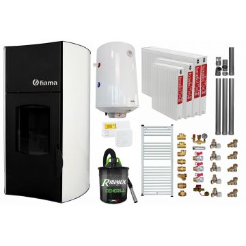 Pachet Termosemineu peleti Fiama Bianco 25 kw, complet echipat, pompa circulatie, vas expansiune, automatizare, kit evacuare 3.5 ml, Boiler Termoelectric Fornello 100 l, Termostat Salus 091FLRFV2, Aspirator, Calorifere si kit montaj