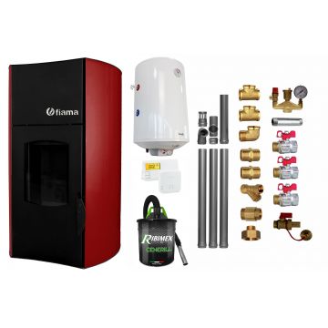 Pachet Termosemineu peleti Fiama Bordeaux 25 kw, complet echipat pentru incalzire, pompa circulatie, vas expansiune, automatizare, kit evacuare 3.5 ml, Boiler Termoelectric Fornello 100 l, Termostat Salus 091FLRFV2, Aspirator si kit montaj