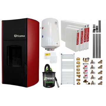 Pachet Termosemineu peleti Fiama Bordeaux 25 kw, complet echipat, pompa circulatie, vas expansiune, automatizare, kit evacuare 3.5 ml, Boiler Termoelectric Fornello 100 l, Termostat Salus 091FLRFV2, Aspirator, Calorifere si kit montaj