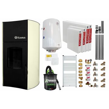 Pachet Termosemineu peleti Fiama Avorio 25 kw, complet echipat, pompa circulatie, vas expansiune, automatizare, kit evacuare 3.5 ml, Boiler Termoelectric Fornello 100 l, Termostat Salus 091FLRFV2, Aspirator, Calorifere si kit montaj