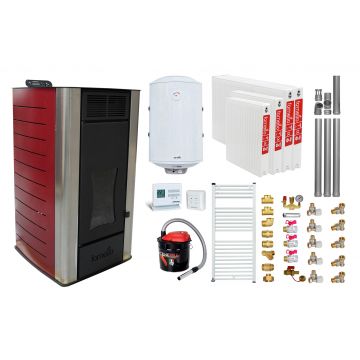 Pachet Termosemineu peleti Fornello Premium W25, 25 kw, Bordeaux, complet echipat, pompa circulatie, vas expansiune, automatizare, kit evacuare 3.5 ml, Boiler Termoelectric Fornello 100 l, Termostat  Computherm Q3 RF, Aspirator, Calorifere si kit mon