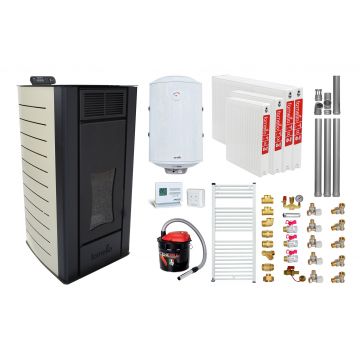 Pachet Termosemineu peleti Fornello Premium W25, 25 kw, culoare Ivory, complet echipat, pompa circulatie, vas expansiune, automatizare, kit evacuare 3.5 ml, Boiler Termoelectric Fornello 100 l, Termostat Radio Comanda Computherm Q3 RF, Aspirator, Cal