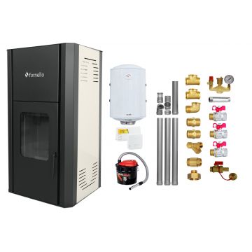 Pachet Termosemineu peleti Fornello Primo Pellet 25 kw, complet echipat pentru incalzire, pompa circulatie, vas expansiune, automatizare, kit evacuare 3.5 ml, Boiler Termoelectric Fornello 100 l, Termostat Salus 091FLRFV2, Aspirator si kit montaj