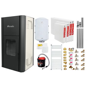 Pachet Termosemineu peleti Fornello Primo Pellet 25 kw, complet echipat, pompa circulatie, vas expansiune, automatizare, kit evacuare 3.5 ml, Boiler Termoelectric Fornello 100 l, Termostat Salus 091FLRFV2, Aspirator, Calorifere si kit montaj