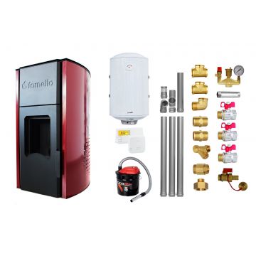Pachet Termosemineu peleti Fornello Royal Bordeaux 25 kw, complet echipat pentru incalzire, pompa circulatie, vas expansiune, automatizare, kit evacuare 3.5 ml, Boiler Termoelectric Fornello 100 l, Termostat Radio Comanda Salus 091FLRFV2, Aspirator s