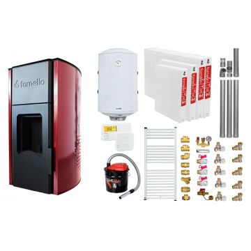 Pachet Termosemineu peleti Fornello Royal Bordeaux 25 kw, complet echipat, pompa circulatie, vas expansiune, automatizare, kit evacuare 3.5 ml, Boiler Termoelectric Fornello 100 l, Termostat Radio Comanda Salus 091FLRFV2, Aspirator, Calorifere si kit