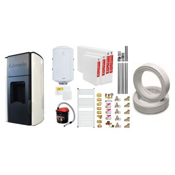 Pachet Termosemineu peleti Fornello Royal Ivory 25 kw, complet echipat, pompa circulatie, teava hidronix, vas expansiune, automatizare, kit evacuare 3.5 ml, Boiler Termoelectric Fornello 100 l, Termostat Salus 091FLRFV2, Aspirator, Calorifere si kit