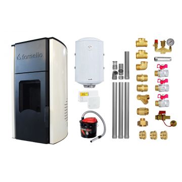 Pachet Termosemineu peleti Fornello Royal Ivory 30 kw, complet echipat pentru incalzire, pompa circulatie, vas expansiune, automatizare, kit evacuare 3.5 ml, Boiler Termoelectric Fornello 100 l, Termostat Salus 091FLRFV2, Aspirator si kit montaj