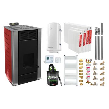 Pachet Termosemineu peleti Fornello SERENA W25, 25 kw, Bordeaux, complet echipat, pompa circulatie, vas expansiune, automatizare, kit evacuare 3.5 ml, Boiler Termoelectric Fornello 100 l, Termostat  Computherm Q3 RF, Aspirator, Calorifere si kit mon