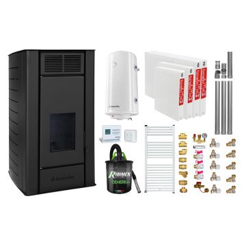 Pachet Termosemineu peleti Fornello SERENA W25, 25 kw, culoare Black, complet echipat, pompa circulatie, vas expansiune, automatizare, kit evacuare 3.5 ml, Boiler Termoelectric Fornello 100 l, Termostat Radio Comanda Computherm Q3 RF, Aspirator, Cal