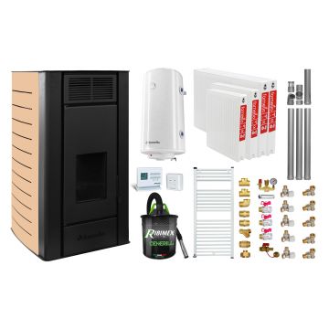 Pachet Termosemineu peleti Fornello SERENA W25, 25 kw, culoare Ivory, complet echipat, pompa circulatie, vas expansiune, automatizare, kit evacuare 3.5 ml, Boiler Termoelectric Fornello 100 l, Termostat Radio Comanda Computherm Q3 RF, Aspirator, Cal