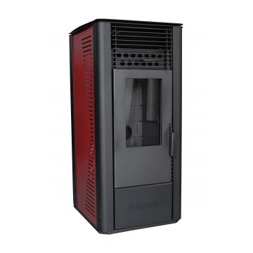 Semineu pe peleti cu aer cald Fornello Sophia Premium 11 kw, aprindere electrica, tiraj fortat, telecomanda, culoare  Bordeaux, recomandat pentru  110 mp, focar din fonta , dimensiuni  compacte 45x45x97 cm, capacitate buncar 22 kg, consum 0.8 kh/h