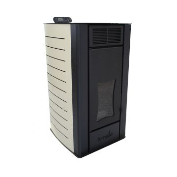 Termosemineu centrala pe peleti Fornello Premium W25, 25 kw, complet echipat cu pompa de circulatie, vas de expansiune, supapa siguranta, telecomanda, culoare Ivory, arzator peleti din fonta, pentru suprafete pana la 150 mp