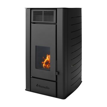 Termosemineu centrala pe peleti Fornello SERENA W25, 25 kw, complet echipat cu pompa de circulatie, vas de expansiune, supapa siguranta, telecomanda, culoare Black, arzator peleti din fonta, pentru suprafete pana la 150 mp