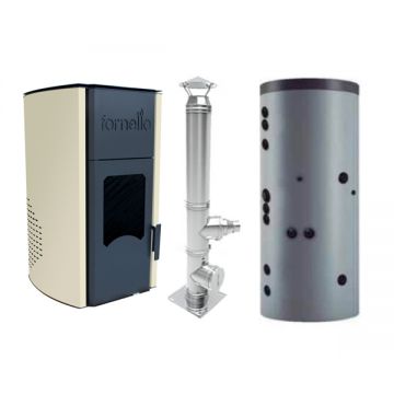 Termosemineu peleti Fornello Royal 25 kw, cos de fum inox izolat dn 120 6 metri si puffer 500 litri