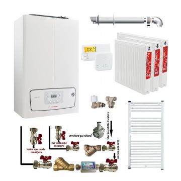 Pachet apartament cu 2 camere, centrala termica murala in condensare Immergas Victrix TERA 24/28 V2, Gaz, 24 kW, kit evacuare inclus, termostat, calorifere otel, kit armaturi centrala, robineti calorifere