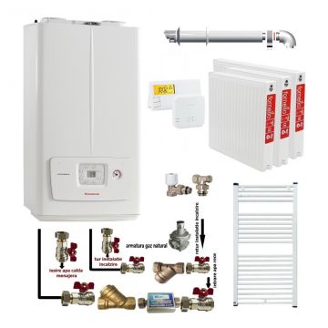 Pachet apartament cu 2 camere, centrala termica pe gaz in condensare Immergas Victrix Omnia V2 26, condensatie, 20 kW incalzire, 26 kW preparare apa calda, kit evacuare inclus, termostat, calorifere otel, kit armaturi centrala, robineti calorifere