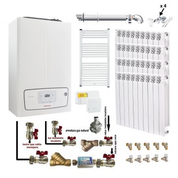 Pachet apartament cu 3 camere, centrala termica murala in condensare Immergas Victrix TERA 24/28 V2, 24 kW, termostat, kit evacuare inclus, calorifere aluminiu Fornello Alvo, kit armaturi centrala si robineti