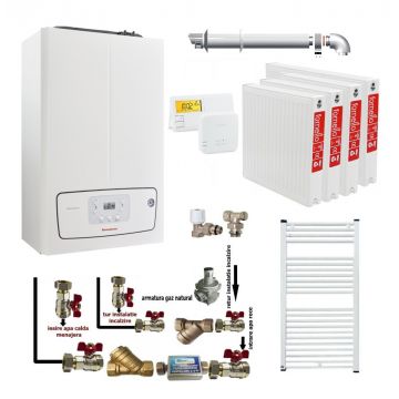 Pachet apartament cu 3 camere, centrala termica murala in condensare Immergas Victrix TERA 24/28 V2, Gaz, kit evacuare inclus, termostat, calorifere otel, kit armaturi centrala, robineti calorifere