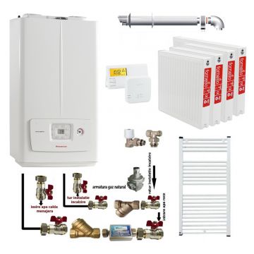 Pachet apartament cu 3 camere,  Immergas Victrix Omnia V2 26, condensatie, 20 kW incalzire, 26 kW preparare apa calda, kit evacuare inclus, termostat, calorifere otel, kit armaturi centrala, robineti calorifere