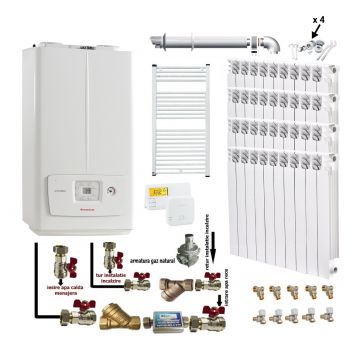 Pachet apartament cu 3 camere, Immergas Victrix Omnia V2 26, condensatie, 20 kW incalzire, 26 kW preparare apa calda, termostat, kit evacuare inclus, calorifere aluminiu Fornello Alvo, kit armaturi centrala, robineti calorifere