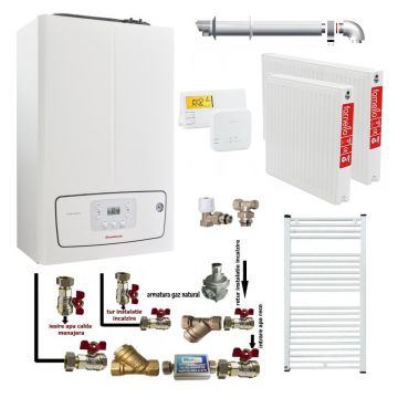 Pachet apartament cu o camera, centrala termica murala in condensare Immergas Victrix TERA 24/28 V2, Gaz, 24 kW, kit evacuare inclus, termostat, calorifere otel, kit armaturi centrala, robineti calorifere